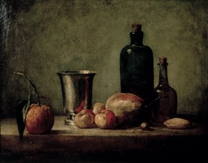 Still-life with Silver Beaker, Fruit and Bottles on a Table